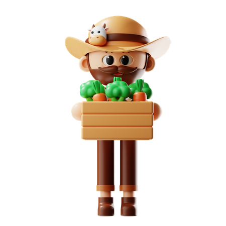 Farmer Bring Carrots and Broccoli Basket  3D Illustration