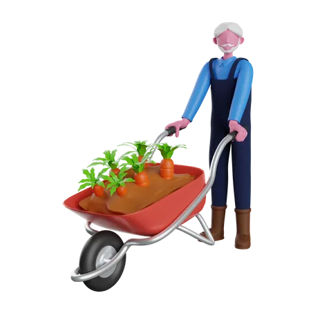 Farmer carrying carrot trolley 3D Illustration