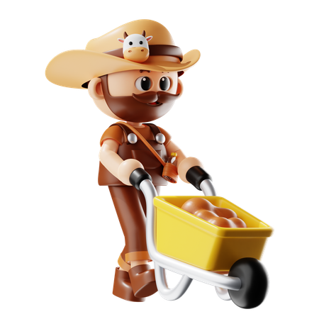 Farmer Carrying Soil With Wheelbarrow  3D Illustration