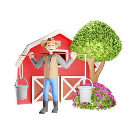 Farmer Carrying Two Buckets for Watering Plants  3D Illustration
