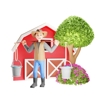 Farmer Carrying Two Buckets for Watering Plants  3D Illustration