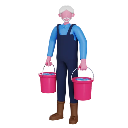 Farmer carrying water buckets  3D Illustration