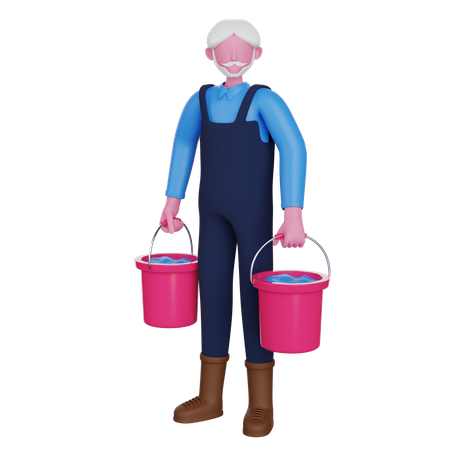 Farmer carrying water buckets 3D Illustration
