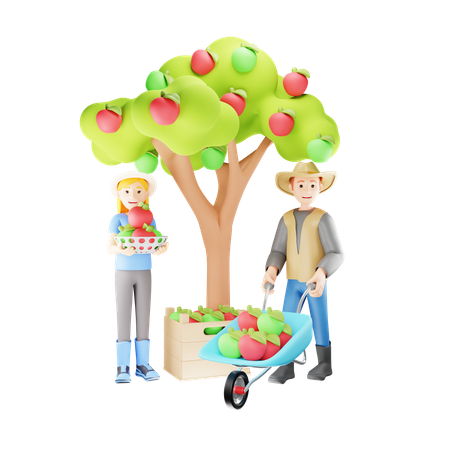 Farmer Couple Harvesting Apple  3D Icon