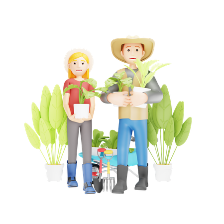 Farmer Couple Holding Plant Pots  3D Illustration