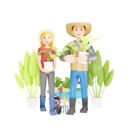 Farmer Couple Holding Plant Pots  3D Illustration