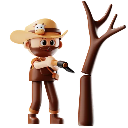 Farmer Cutting Down Trees  3D Illustration