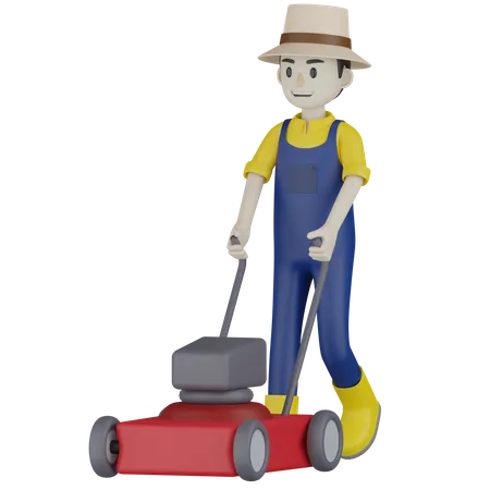 Farmer Cutting Lawn  3D Illustration