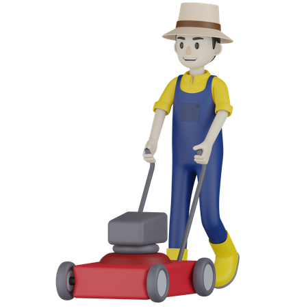 Farmer Cutting Lawn 3D Illustration