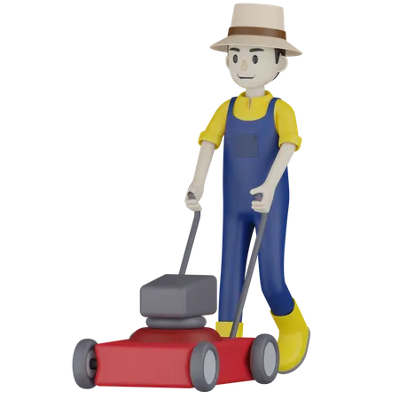 Farmer Cutting Lawn 3D Illustration
