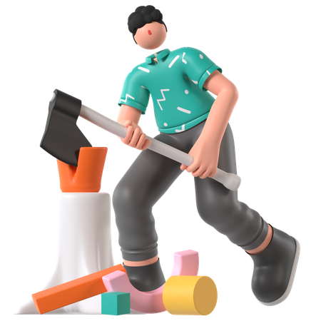 Farmer cutting Wood with Axe  3D Illustration