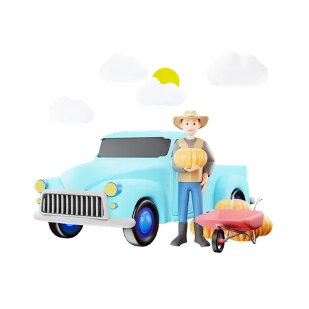 Farmer Delivering Goods Using Pickup Truck  3D Illustration