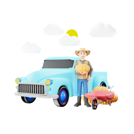 Farmer Delivering Goods Using Pickup Truck  3D Illustration