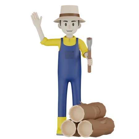 Farmer Holding Axe  3D Illustration