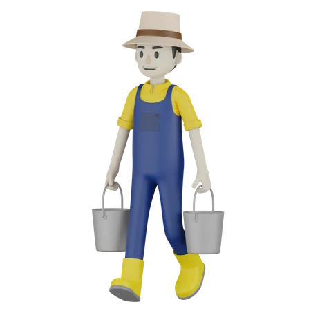 Farmer Holding Buckets 3D Illustration