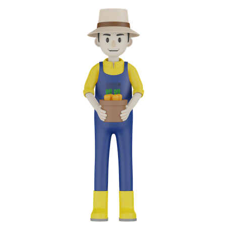 Farmer Holding Carrot Pot  3D Illustration