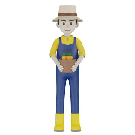 Farmer Holding Carrot Pot  3D Illustration