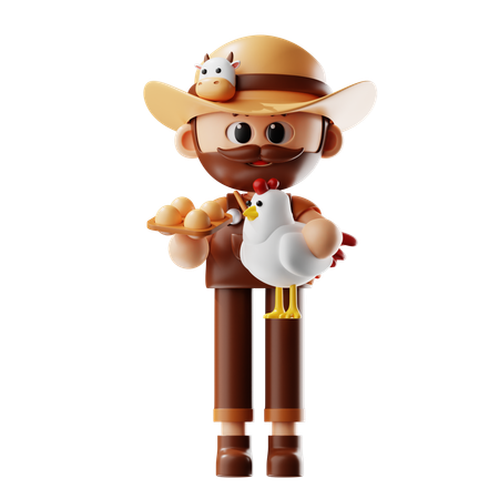 Farmer Holding Chicken And A Basket Of Eggs  3D Icon