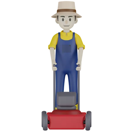 Farmer Holding Mower Machine  3D Illustration