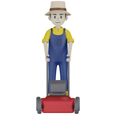 Farmer Holding Mower Machine 3D Illustration