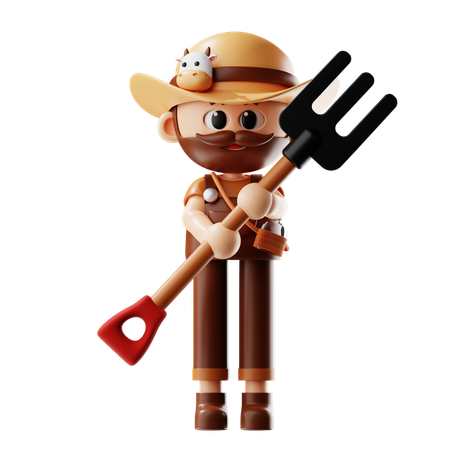 Farmer Holding Pitchfork  3D Illustration