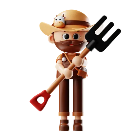 Farmer Holding Pitchfork  3D Illustration