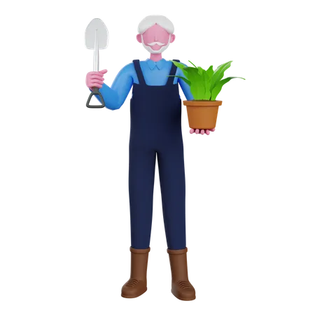 Farmer holding plant pot 3D Illustration