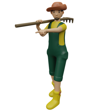 Farmer holding rake 3D Illustration
