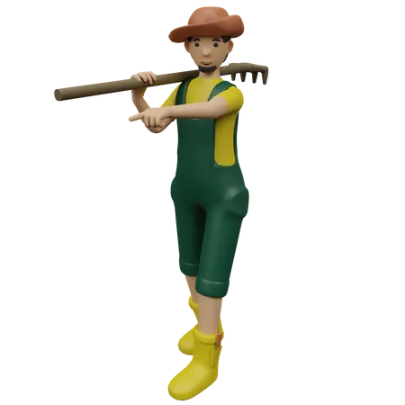 Farmer holding rake 3D Illustration