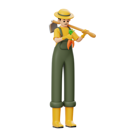 Farmer Is Carrying A Hoe  3D Illustration