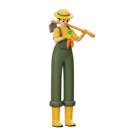 Farmer Is Carrying A Hoe  3D Illustration