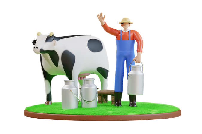 Farmer milking cow  3D Illustration