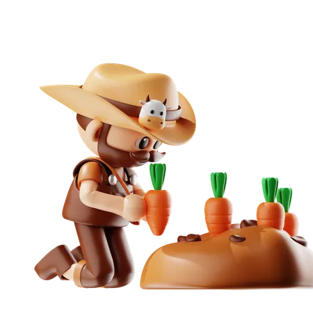 Farmer Planting Carrots  3D Illustration