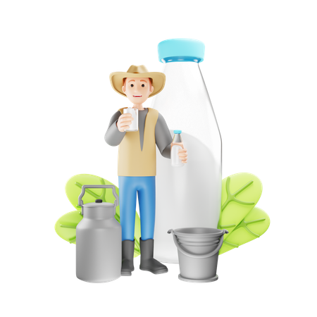 Farmer Produce Fresh Milk in Bottles  3D Icon