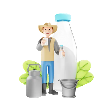 Farmer Produce Fresh Milk in Bottles  3D Illustration