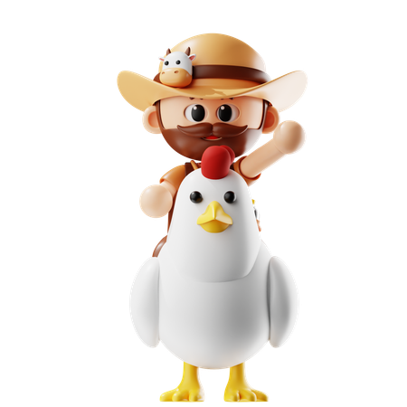 Farmer Ride A Chicken  3D Illustration