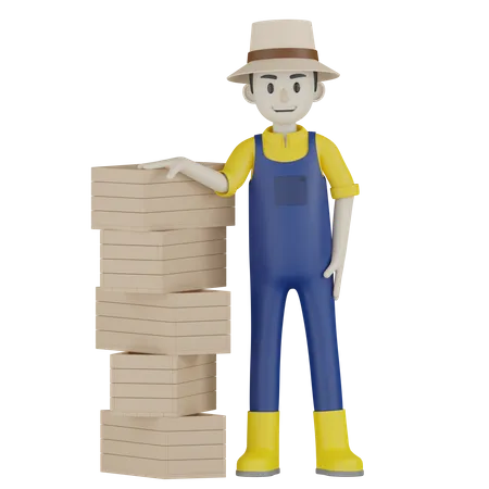 Farmer Standing With Boxes 3D Illustration