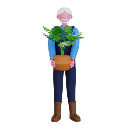 Farmer standing with house plant  3D Illustration