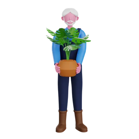 Farmer standing with house plant  3D Illustration