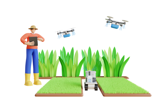 Farmer using automated watering  3D Illustration