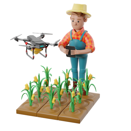 Farmer Using Drone Doing Smart Planting  3D Illustration