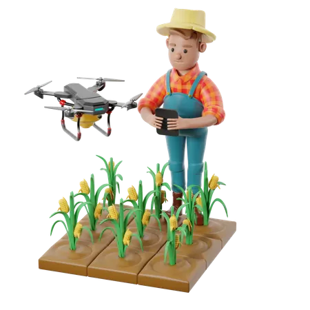 Farmer Using Drone Doing Smart Planting  3D Illustration