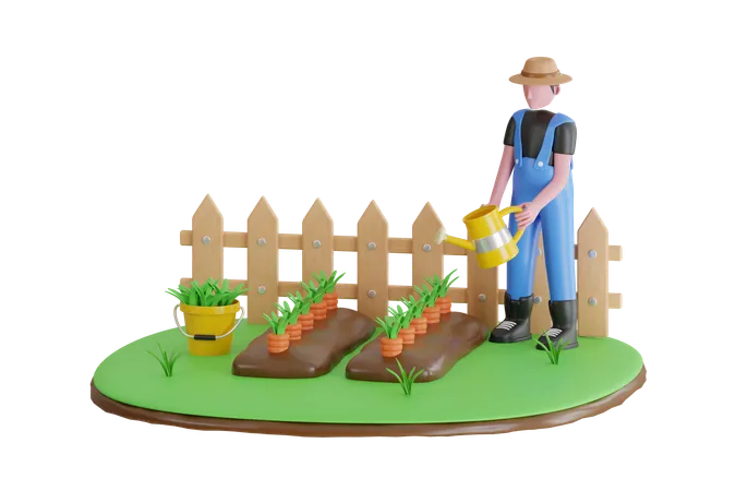 3 D Illustration Of Farmer Watering Carrot Vegetables Man Watering Plants In The Garden 3 D Illustration 3D Illustration