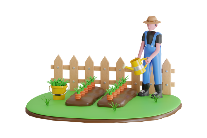 Farmer Watering Carrot Vegetables  3D Icon
