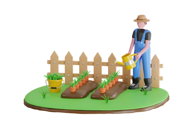 Farmer Watering Carrot Vegetables  3D Illustration