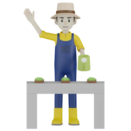 Farmer Watering Plant  3D Illustration