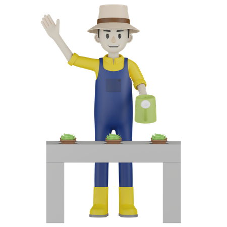 Farmer Watering Plant 3D Illustration