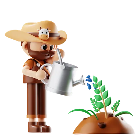Farmer Watering to Plants  3D Illustration