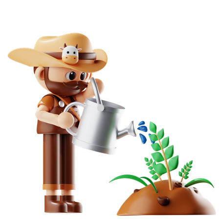 Farmer Watering to Plants  3D Illustration