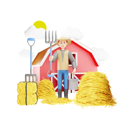 Farmer Weeding Haystack with Farming Fork  3D Illustration